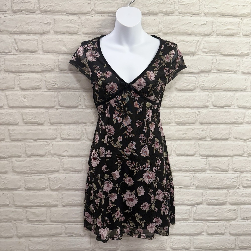 Planet Heart Y2K Black Floral Babydoll Slip Dress Sz Small Romantic Velvet Trim - Picture 2 of 15